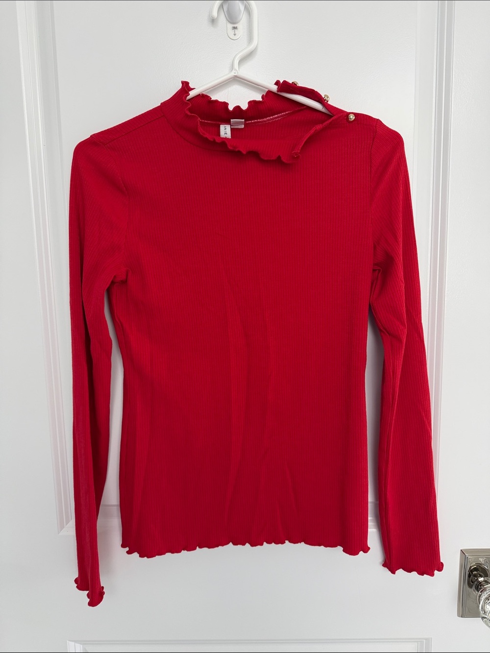 Janie and Jack Red Ribbed Long-Sleeve Top, Ruffle Neck, Gold Buttons, girls 18